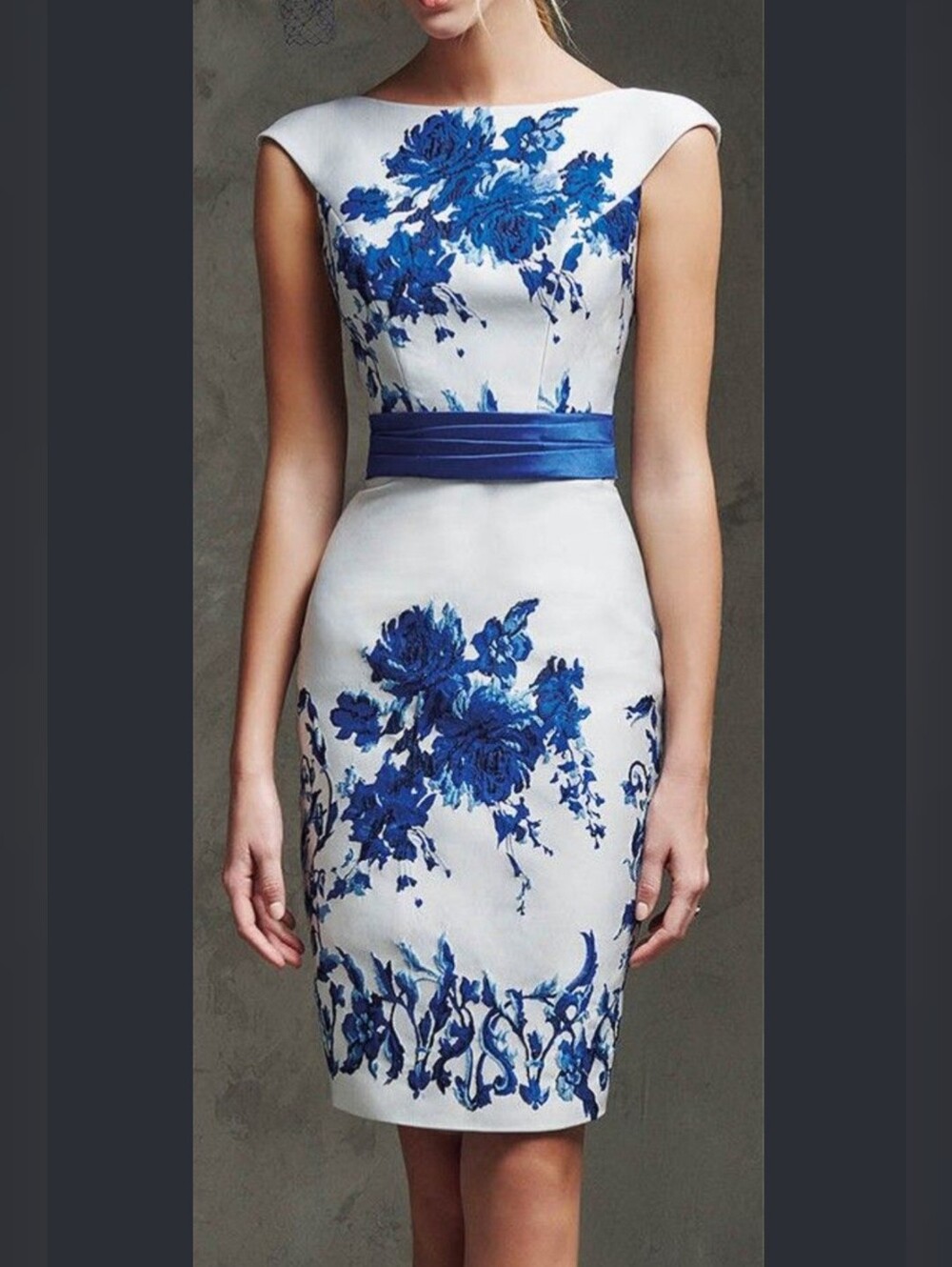 Pronovias White Sheath Dress with Blue Floral Print and Satin Waistband